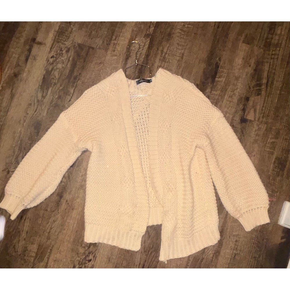 Merokeety Womens Cream Chunky Cable Knit Open Front Cardigan Balloon Sleeve Med